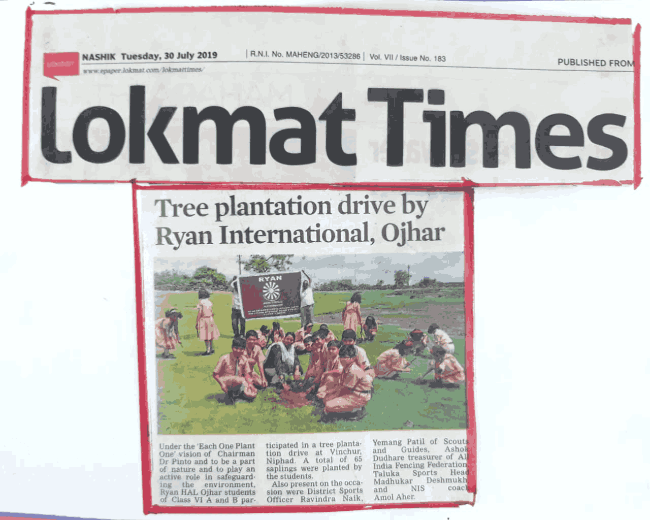 TREE PLANTATION was featured in Lokmat Times - Ryan International School, Hal Ojhar